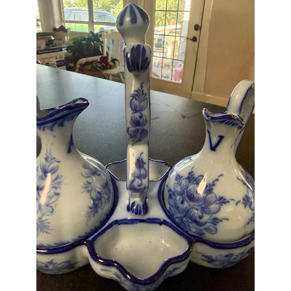 Vintage Pedros Alcobaça Portugal Blue White Cruet Set Oil Vinegar Caddy